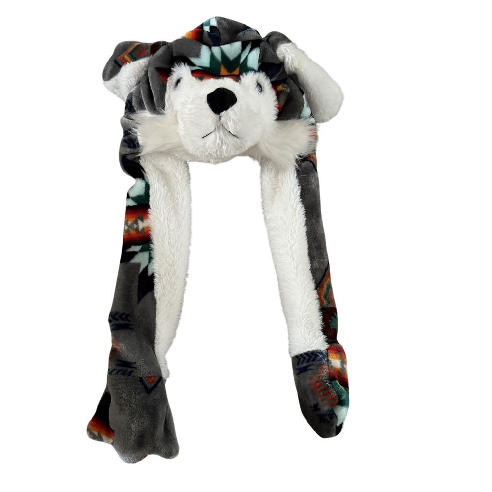 Wolf Hat Cap Strap Back Gray White Plush Faux Fur Animal Ears Winter Mens Womens